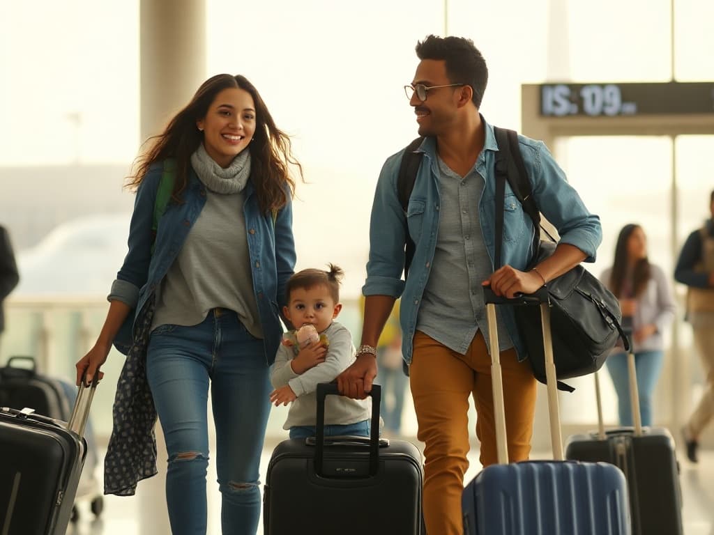 A family of new arrivals at a U.S. airport, smiling warmly with their luggage.
